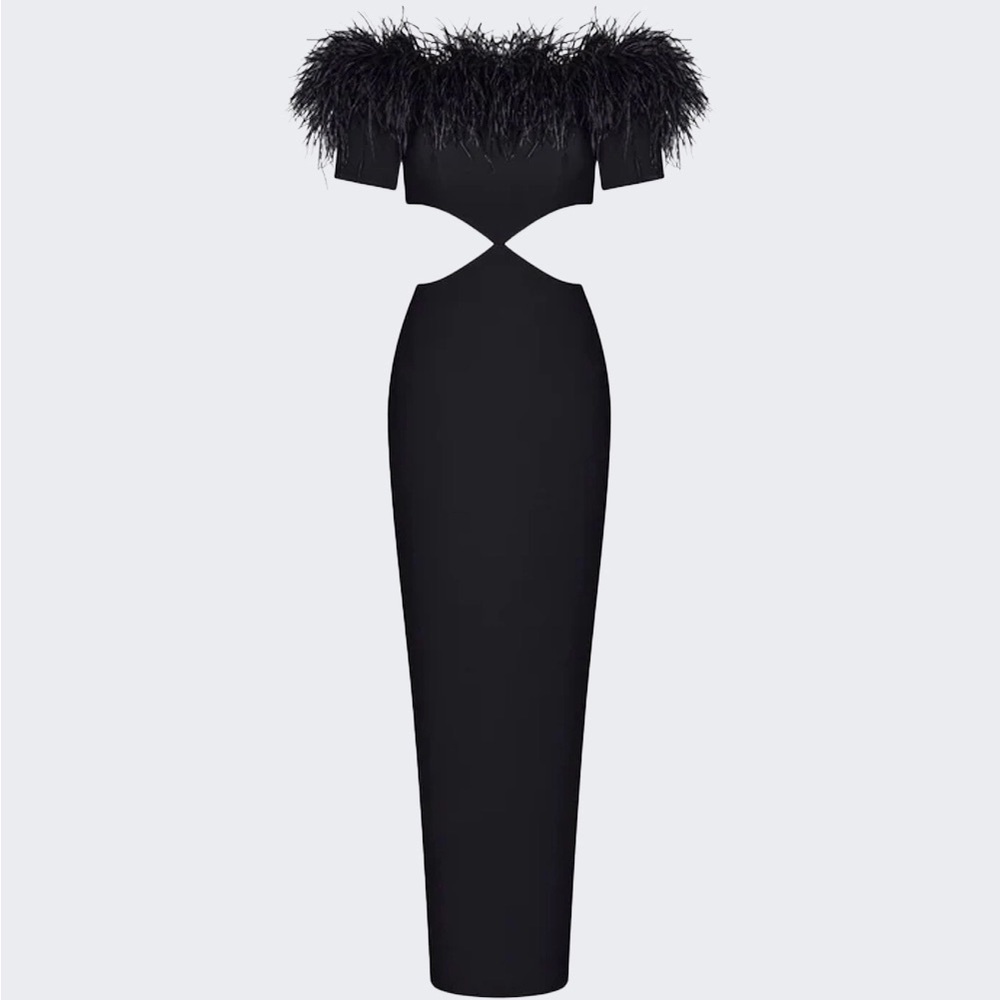 RASARIO FRINGE CREPE CUT-OUT MAXI DRESS BLACK